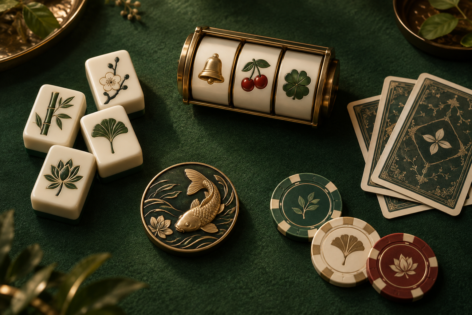 Gulungan slot, kartu, dan keping kasino
