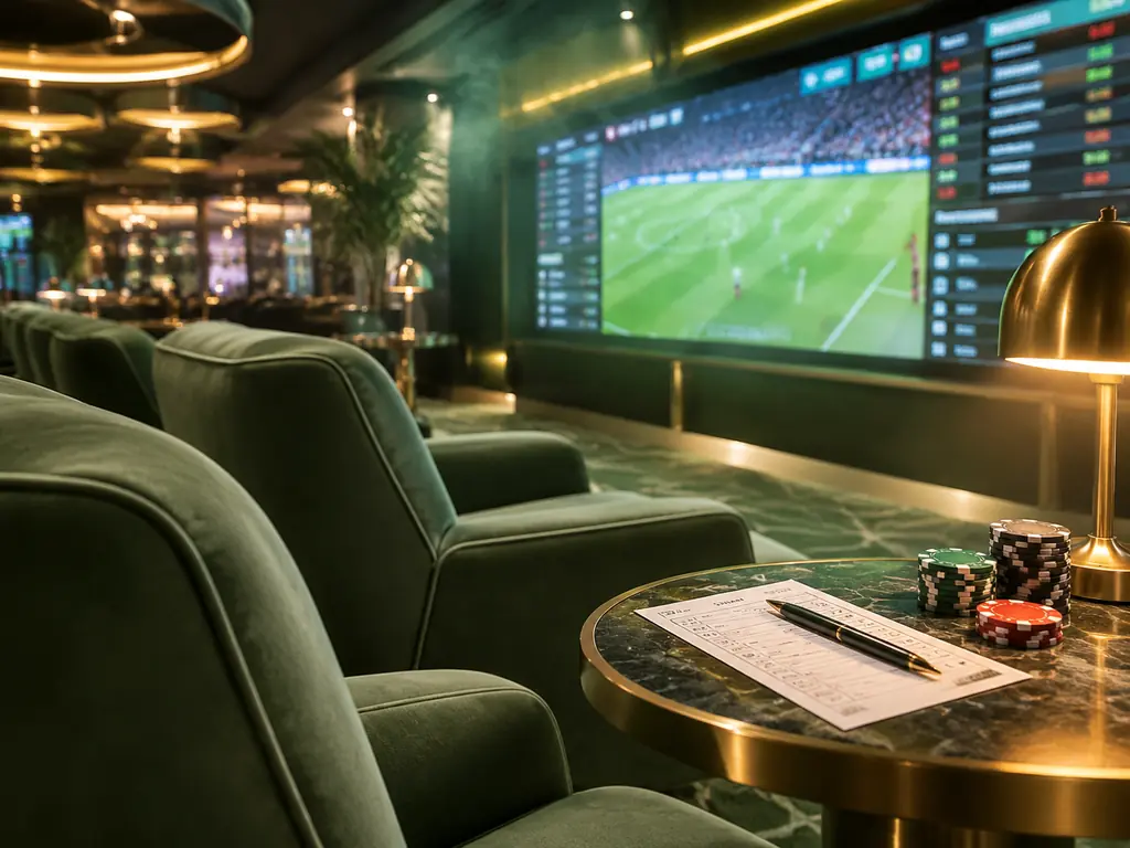 Ruang kasino dengan layar pertandingan sepak bola