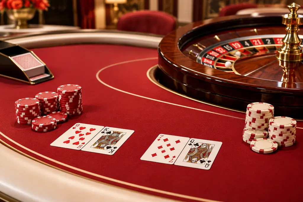 Meja baccarat dan roda roulette